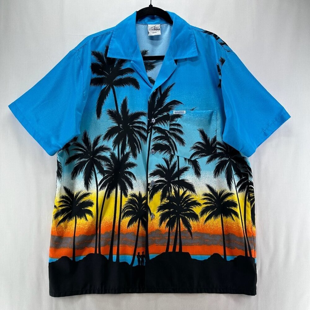 HIGHSEAS Resort Wear Hawaiian Shirt Mens L Bahamas Palm Tree Short Sleeves Blue